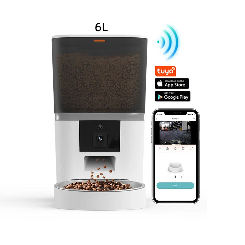 6L Wifi Smart Futterautomat für Haustiere mit Kamera, Tuya App Steuerung, Einzelfach oder Doppelfach für Katzen und Hunde, Automatischer Futterspender mit Kamera